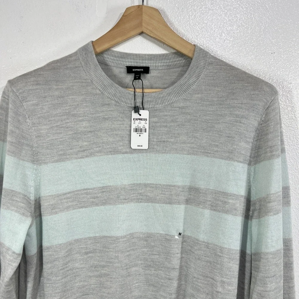 Express Men Striped Crew Neck Sweater Light‎ Gray Aqua Size Medium M Wool Blend